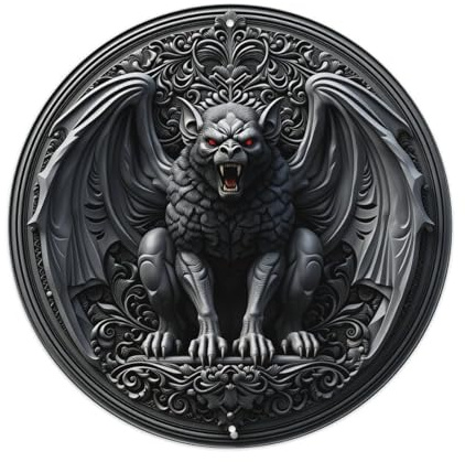Gargoyle With Wings And Red Eyes On Ornate Background Round Tin Sign Vintage Metal Sign Home Bar Garden Wall Decor Metal Poster 8x8 Inch