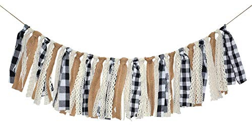 Buffalo Check Plaid Banner Black and White Gingham Spring Summer Fall Winter Easter Christmas Mantle Fireplace Garland Decoration