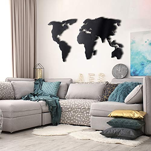 Tubibu Weltkarten-Wandkunst, 100 % Metall, Weltkarte, 2D, Skulptur, groß und breit, Wandbehang für Wohnzimmer, Schlafzimmer, Wohnheim, Größe 84,8 x 170,2 cm (Schwarz, 84,8 x 170,2 cm)