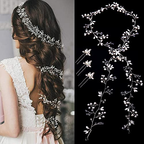 Fascia Nuziale per Capelli lunghi con Perline 3 Pezzi di strass, 100 cm Vines copricapo da sposa, forcine di U, Argento