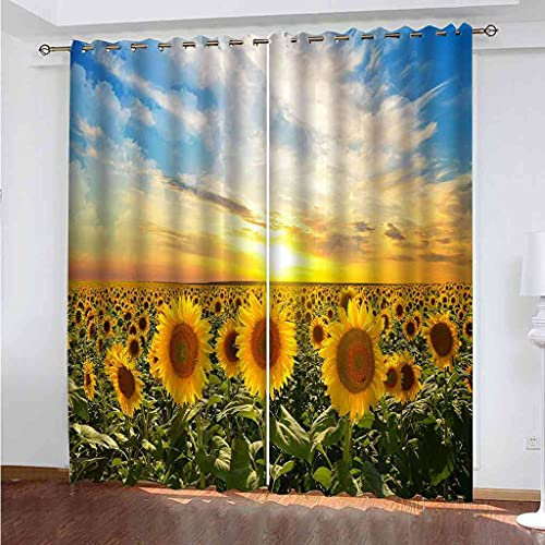 ESMTKDD 3D Vorhänge Wohnzimmer Blickdicht Gardinen Sonnenblumenfeld Verdunkelungsvorhang Kinderzimmer Thermovorhang Fensterdekoration Weich Polyester Vorhänge für Schlafzimmer 168x183cm