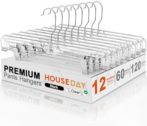 HOUSE DAY Clear Pants Hangers with Clips 12 Pack, Plastic Skirt Hangers for Women, 14 Inch Clip Hanger for Pants, Skirts, Jeans, Shorts, Legging, with 360-degree Swivel Hook, 2 Adjustable Clips