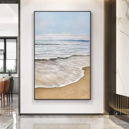 LCDIUDIU Acrylbilder, Blauer Himmel Meer Wellen Strand Landschaft Abstrakt Modern Handgemalte Ölgemälde Auf Leinwand Für Familienwand Wohnzimmer Esszimmer Home Art Decor, 120X180Cm(48X72Inch)