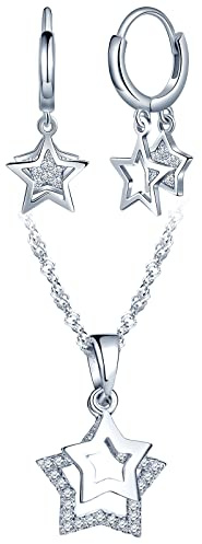 CPSLOVE Sterne Halskette Anhänger und Ohrringe für Damen mädchen, 925 Silber Schmuck-Sets, Glänzende Sterne Ketten, Sterne Creolen Ohrschmuck, Eingelegter Zirkon, Silber