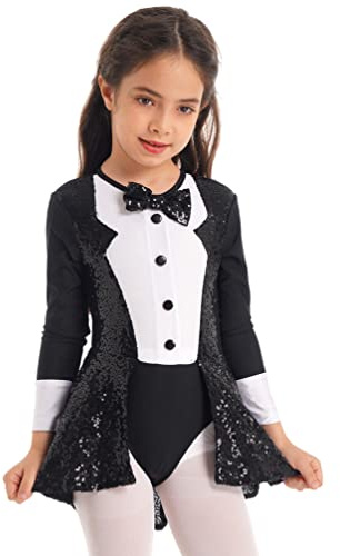 TiaoBug Ragazze Body da Danza Classica Bambina Balletto Leotard con Papillon e Paillettes Abito da Jazz Danza Moderna con Scollo Rotondo a Maniche Lunghe Costume di Cosplay Nero 9-10 anni