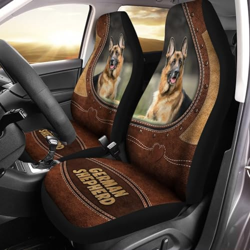 Bulopur Leather Design German Shepherd Front Car Seat Covers, Car Seat Protector for Women Girls, Auto Seat Covers Set of 2, Fit Most Vehicle, Cars, Sedan, Truck, SUV, Van