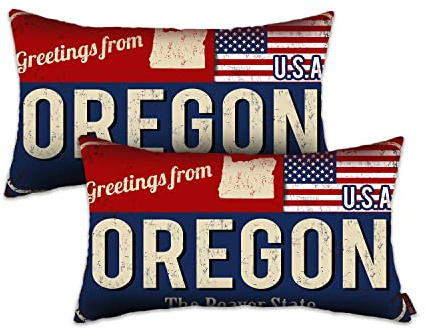 Oregon Throw Pillow Cover 12x20 Set of 2, Oregon Decor Gift Souvenir, American Flag License Plate Lumbar Pillowcase, Greetings from The Beaver State(OR, USA) - Cushion Case Sham, No Inserts