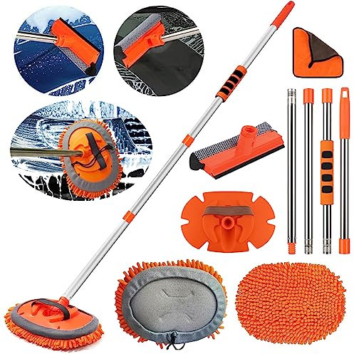 Guanto per lavaggio auto con manico lungo, 3 in 1 ciniglia microfibra per lavaggio auto, camper, 2 pezzi testa mocio + 1 polo+1 panno per asciugare+1 spugna per asciugare