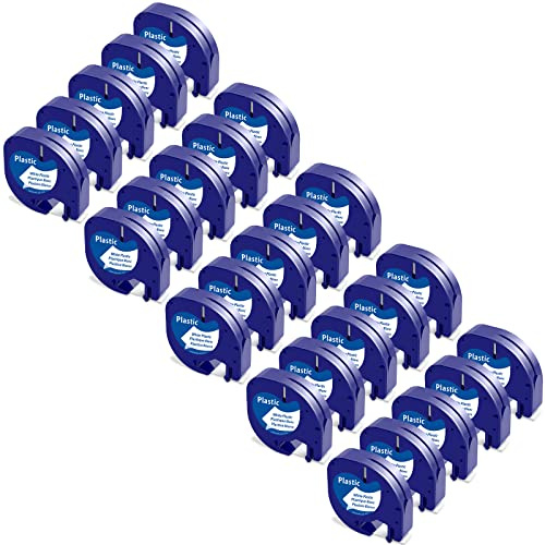 25 Pack Kompatibel mit Dymo LetraTag 12mm x 4m Kunststoff Weiß | Etikettenband 91221 91201, Kompatibel mit Dymo LetraTag Schriftband Plastic Bänder for LT-100H LT-100T LT-110T 200B XR XM