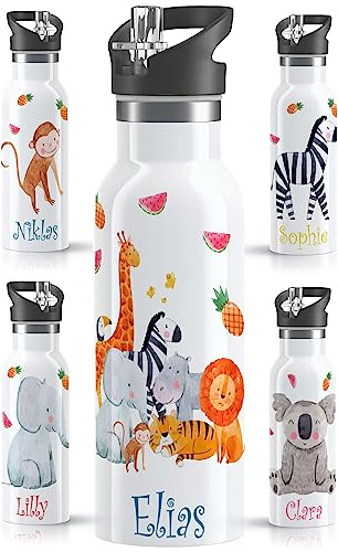 OWLBOOK® Kinder Edelstahl Trinkflasche mit Strohhalm 500 ml | Spülmaschinenfest & BPA Frei | Personalisierte Geschenke für Kinder zur Einschulung Geburtstag Schulanfang Weihnachten | Safari