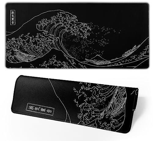 Brecoy Japanisches Gaming-Mauspad, schwarzes Mauspad, Kanagawa, großes Mauspad, rutschfeste Gummiunterseite, wasserdicht, mit genähten Kanten, für Gaming, Büro, Zuhause, 80 x 30 cm (Schwarze Welle)