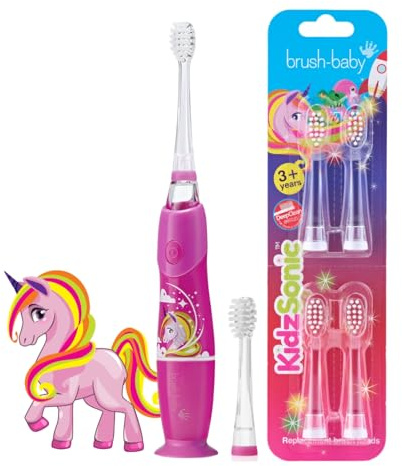 Brush-Baby Unicorn KidzSonic - Cepillo de dientes eléctrico para niños, a partir de 3 años, cerdas DeepClean, base de succión, diseño divertido con luces de discoteca intermitentes, con 4 cabezales de
