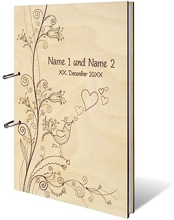 Personalisiertes Hochzeit Gästebuch echtes Holz DIN A4 Hochzeitsbuch mit Lasergravur - Liebesbaum - mit 72 Blatt / 144 Seiten Naturpapier Weiß