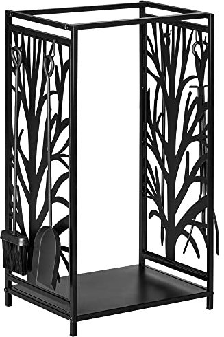 HOMCOM Estante para Leña Estantería de Almacenamiento para Chimenea Soporte para Leña con 4 Herramientas para Interior y Exterior 46x30x70 cm Carga 100 kg Negro