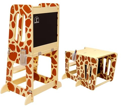 JIRAFFITY Torre Montessoriana Pieghevole 3 in 1 – Convertibile in Tavolino con Lavagna, Regolabile in Altezza | Sicura per Bambini, Salvaspazio, Ideale per Cucina, Bagno e Camera