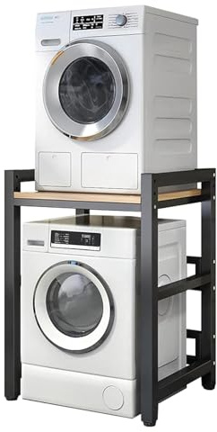 Kit de Superposition Lave Linge Seche Linge Meuble de Rangement pour Machine à Laver à Tambour Kit de Superposition Lave Linge Seche Linge pour Balcon Buanderie Charge 400kg (Noyer, Cadre Noir)