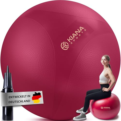 KIANA SPORTS Gymnastikball & Sitzball – Yoga Ball für Fitness & Büro | in 4 Größen, Rutschfester Fitnessball mit Noppen, Deutsche Entwicklung, Hohe Belastbarkeit, inkl. Pumpe & Übungsplan