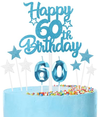 Blue 60th Birthday Candles Cake Toppers Set, Blue Number Candles 60 Candle for Cake, Blue Silver Cake Decorations, Blue Happy Birthday Cake Toppers for Girls Boys Women Men Birthday Party Decorations