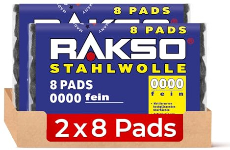 RAKSO Stahlwolle extrafein 0000-16 Pads - 2x8 Stk. poliert gewachstes Holz, Kupfer, Messing, mattiert Oberflächen, säubert Glas