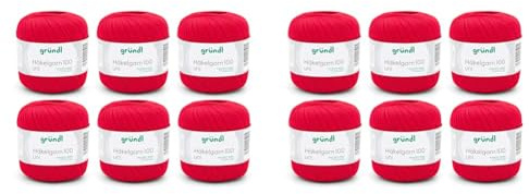 Gründl 100 Häkelgarn, Baumwolle, signalrot, 6 x 100 g (Packung mit 2)