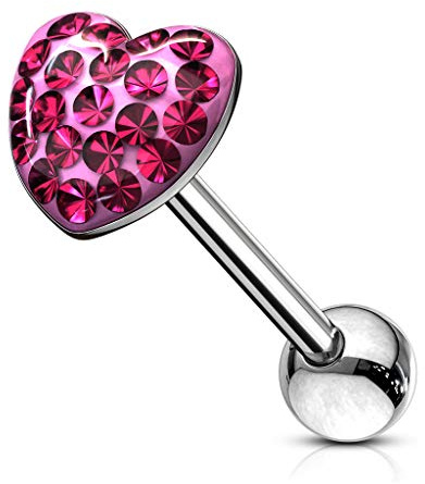 beyoutifulthings Zungen-piercing Epoxid Kristall-Pavé Herz 8-mm Silber Pink Universal-Piercing Chirurgenstahl Barbell-s Stab-länge 16-mm