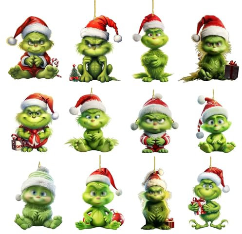 12 Stück Glin-Ch Weihnachten Deko, mit elastischer Kordel 2D acryl anhänger, Weihnachtsgrünes Monster, Weihnachtsbaumschmuck mit Kordel, Xmas Decor für Zuhause Urlaub Party