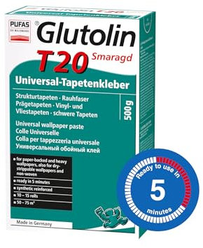 Glutolin T20 Smaragd Universal Wallpaper Paste: Adhesive for Paper-Backed, Drystrippable, Vinyl, Heavy, Non-Woven Wallpapers, Ready in 5 Min, Sythetic Reinforcerd, 500 g