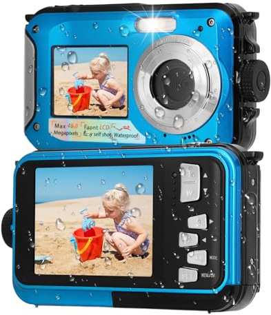 Undervattenskamera, 11FT Vattentät Kamera, Full HD 2,7K 48MP Autofokus Selfie Dual Screen Vattenkamera med Flytande Rem, Fill Light Undervattenskamera för Snorkling (Blå)