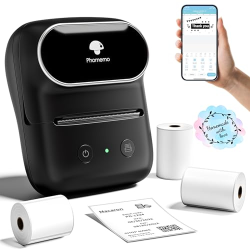Phomemo M108 - Stampante per etichette Bluetooth, autoadesiva, termica, con 3 rotoli di etichette, per codici a barre, vendita al dettaglio, ufficio, compatibile con telefoni e PC nero