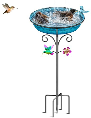 VeyFolzin.st Vogeltränke Stehend aus Metall, Vogelbad für Draußen Garten mit 5 Erdspießen und Kolibri-Blumendekor, Mehrfarbige Wassertränke und Futterstelle für Vögel(Altblau)