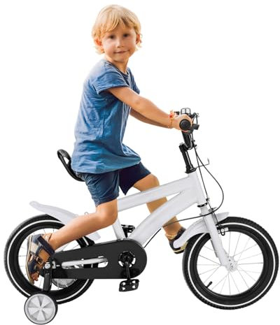WINPANG 14 Zoll Kinderfahrrad,mit Stützrädern Verstellbarer Sitz & Lenker, rutschfeste Griffe Stabiler Kohlenstoffstahl-Rahmen Weißes Lernrad für Kinder ab 3 Jahren