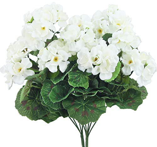 CEWUDA 2 Pcs Artificial Geraniums for Outdoor Silk Flowers White Artificial Geranium Bush Faux Flowers Geraniums for Floral Home Decor Indoor Garden Patio Grave Cemetary Vase Table Centerpiece