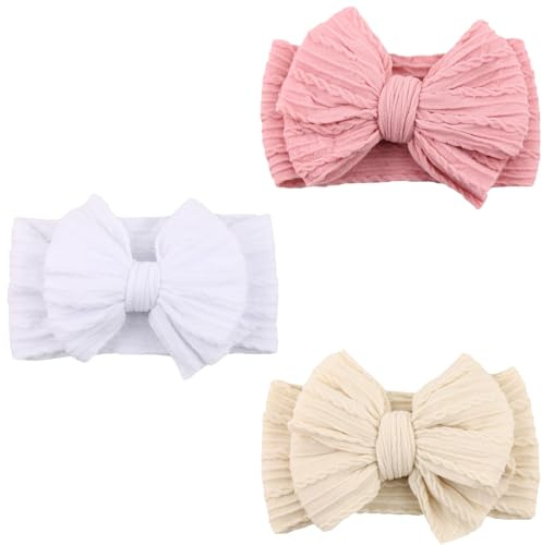 3 diademas para bebé, suaves lazos para niña, accesorios para el cabello de recién nacida (rosa oscuro, blanco, beige)