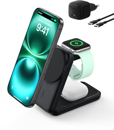 Belkin UltraCharge Chargeur Induction 3 en 1 Qi2, Station de Charge Magnétique 25W, Chargeur sans Fil avec MagSafe pour iPhone 17, iPhone Air, Apple Watch, AirPods, Pixelsnap avec Chargeur 45W, Noir