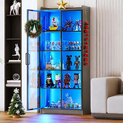 Gurexl 65 Display Cabinet with Acrylic Door,5-Tier Bookcase with Human Sensor 3-Color Lights,LED Curio Storage Cabinet with Adjustable Shelf for Collectibles,Bedroom,Living Room,Office,Gray