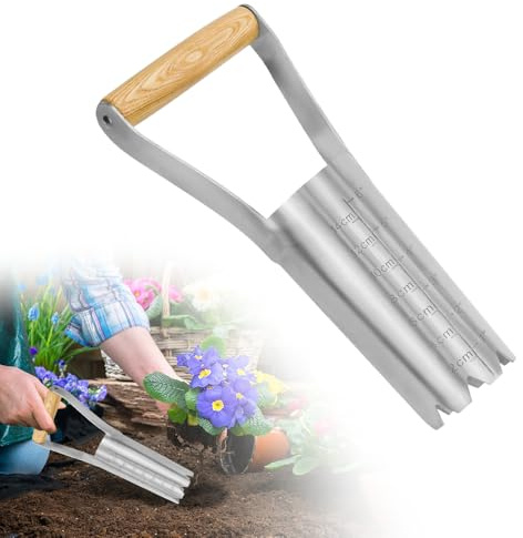 BNGXR Blumenzwiebelpflanzer, Blumenzwiebel Pflanzgefäß, Gartengeräte aus Edelstahl, Lochspaten mit Holzgriff und Tiefenskala, für die Aussaat von Einpflanzen in Gärten Unkraut jäten