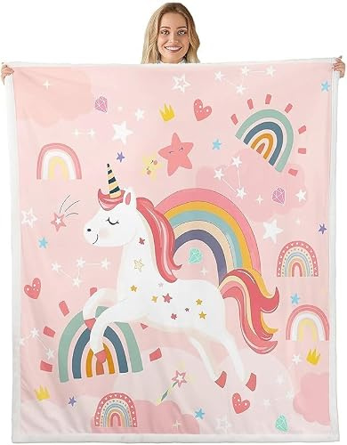 Homemissing Einhorn Decke 150x200cm Mädchen Niedliche Regenbogen Einhorn Kuscheldecke Für Kinder Wohndecke Cartoon Rosa Stern Traumhaft Flanell Fleecedecke Weich Atmungsaktiv