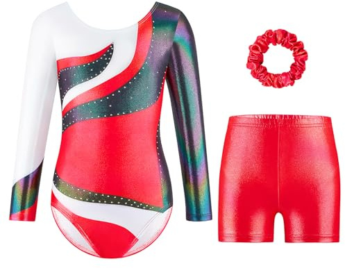 Cucudy Justaucorps de gymnastique 156 pièces pour fille - Dégradé de couleurs - Avec short - Bandeau à cheveux scintillant - Sans manches - Pour la danse, le ballet, la gymnastique - Sportif - Pour