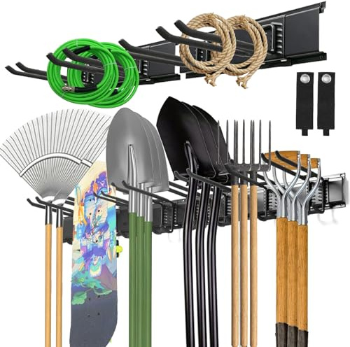Wandhalterung Gartengeräte, 160cm Metall Gartengerätehalter, Gerätehalter | 4 Schienen, 12 Verstellbaren Haken, Besenhalterung Wand, Tool Organizer Wandhalterung für Besen, Schaufel, Gartengeräte