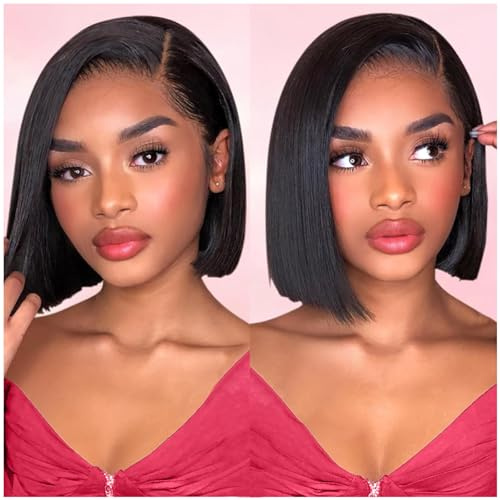 Perruque Cheveux Humain Glueless Bob Wig Human Hair Pre Plucked Pre Cut 5x5 HD Lace Front Straight Human Hair Wig Wear and Go Sans Colle Natural Hairline Densité 180 Noir Naturel 10 Pouces