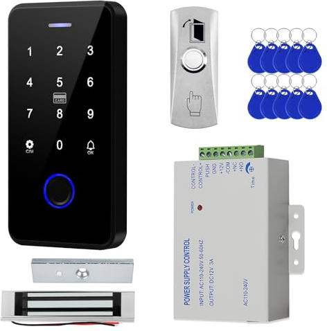 Tuya WiFi Fingerprint Access Control Kit:100FP/8000C/125kHz+13.56MHz/IP68backlit keypad, 180kg Maglock or Small Electric Lock, 10x IC Keyfobs, PSU, Exit Button – Office/Warehouse (180kg)