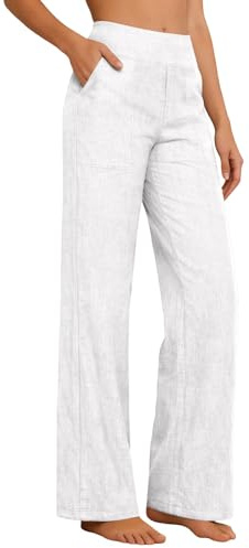Générique Pantalon Fluide Femme Pantalon Lin Été Femme Taille Elastique Pantalons Respirant Ample Taille Haute Pant Elegant Large Palazzo Pants Causal avec Poches Confortable de Plage Léger