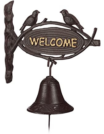 Relaxdays Türglocke Gusseisen WELCOME, Antik-Stil, goldene Buchstaben, Schild mit Vögeln, Haustür & Garten, dunkelbraun, 1 Stück, 24 x 25 x 11 cm