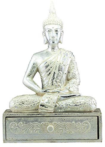 aqasha® Buddha Schatulle Figur Statue Skulptur Dekoration Handgefertigt Holz Harz Silber 30 cm x 20 cm x 15 cm