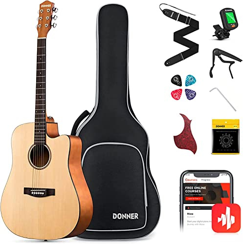 Donner Akustikgitarre 4/4 für Anfänger Erwachsene Einsteiger Akustik Gitarre 41 Zoll Cutaway Gitarren mit 6 Saiten Capo Plektren(Natur)