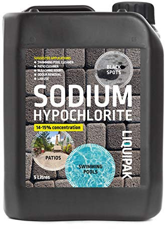 Liquipak Sodium Hypochlorite 5L Patio Cleaner | High Strength 14-15% Concentration | Swimming Pool Liquid Chlorine & Black Spot Remover | Bleach Solution