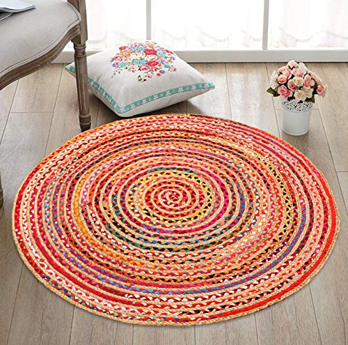Jute Multi Chindi Rund geflochten, handgewebt, wendbar, mehrfarbig, indische Matte, recycelter Teppich, Boho-Dekorativer Teppich für Küche, Teppich, Schlafzimmer Farben können variieren,1.2 m rund