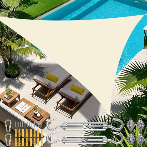 Sonnensegel inkl 24er Befestigung Kit,2x2x2m Wasserdichter Sonnenschutz Dreieck Sonnenschirm Außenüberdachung Garten Patio Pool Shades Segel Markise Camping Schatten (Beigeweiß)