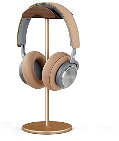 HNGM Headphone stand Black Walnut Wood & Aluminum Headphone Stand Nature Walnut Gaming Headset Holder with Solid Metal Base for Table Desk Display (Color : Golden)