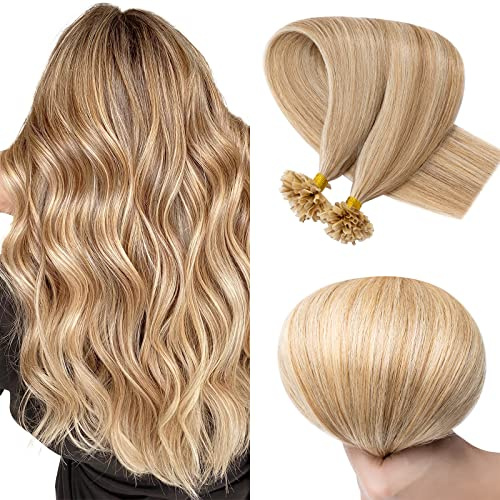 SEGO Pre Bonded U Tip Hair Extensions Human Hair Keratin Fushion Nail Tip Remy Human Hair Extensions Highlight Silky Straight 100 Strands/Pack 50g 24 Inch #12P613 Golden Brown&Bleach Blonde